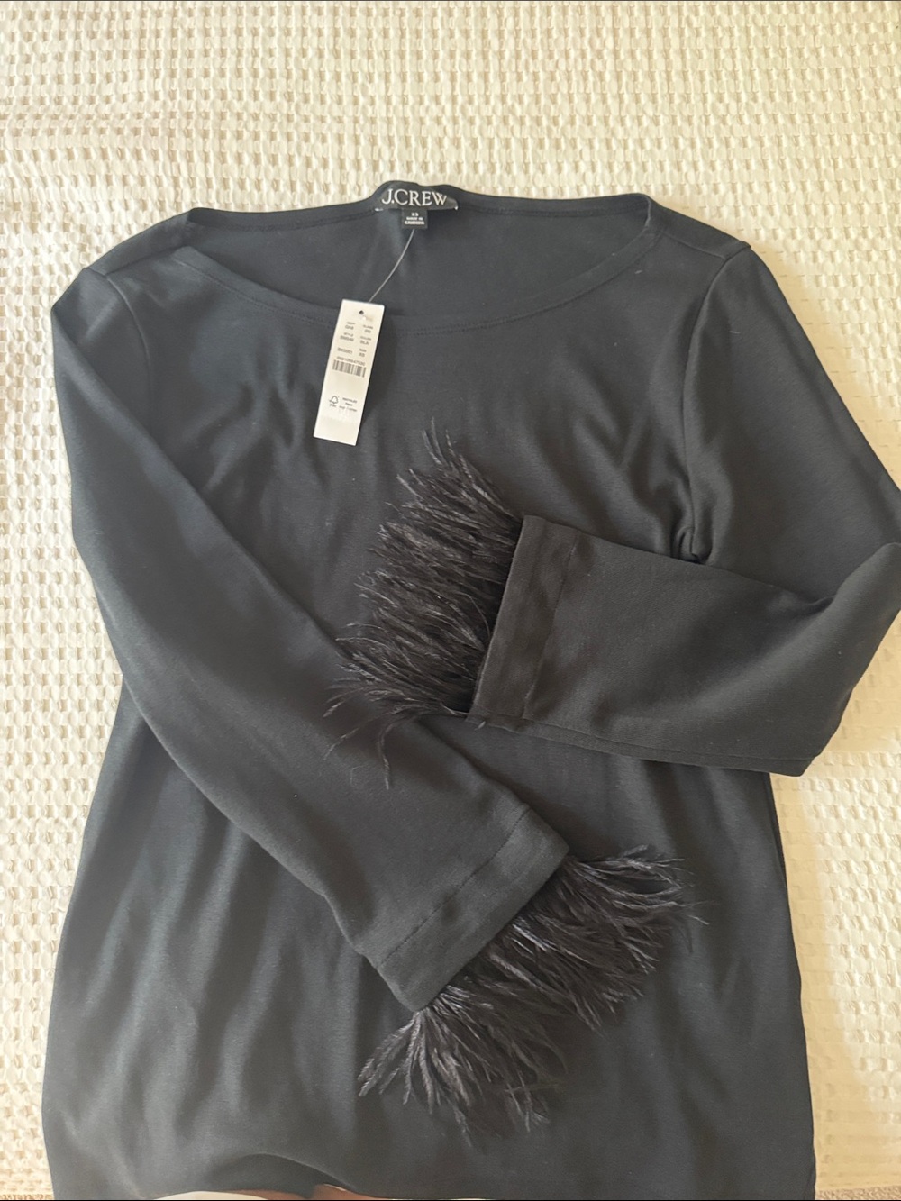 J. Crew Black Long Sleeve Top with removable Feather Cuff Detail